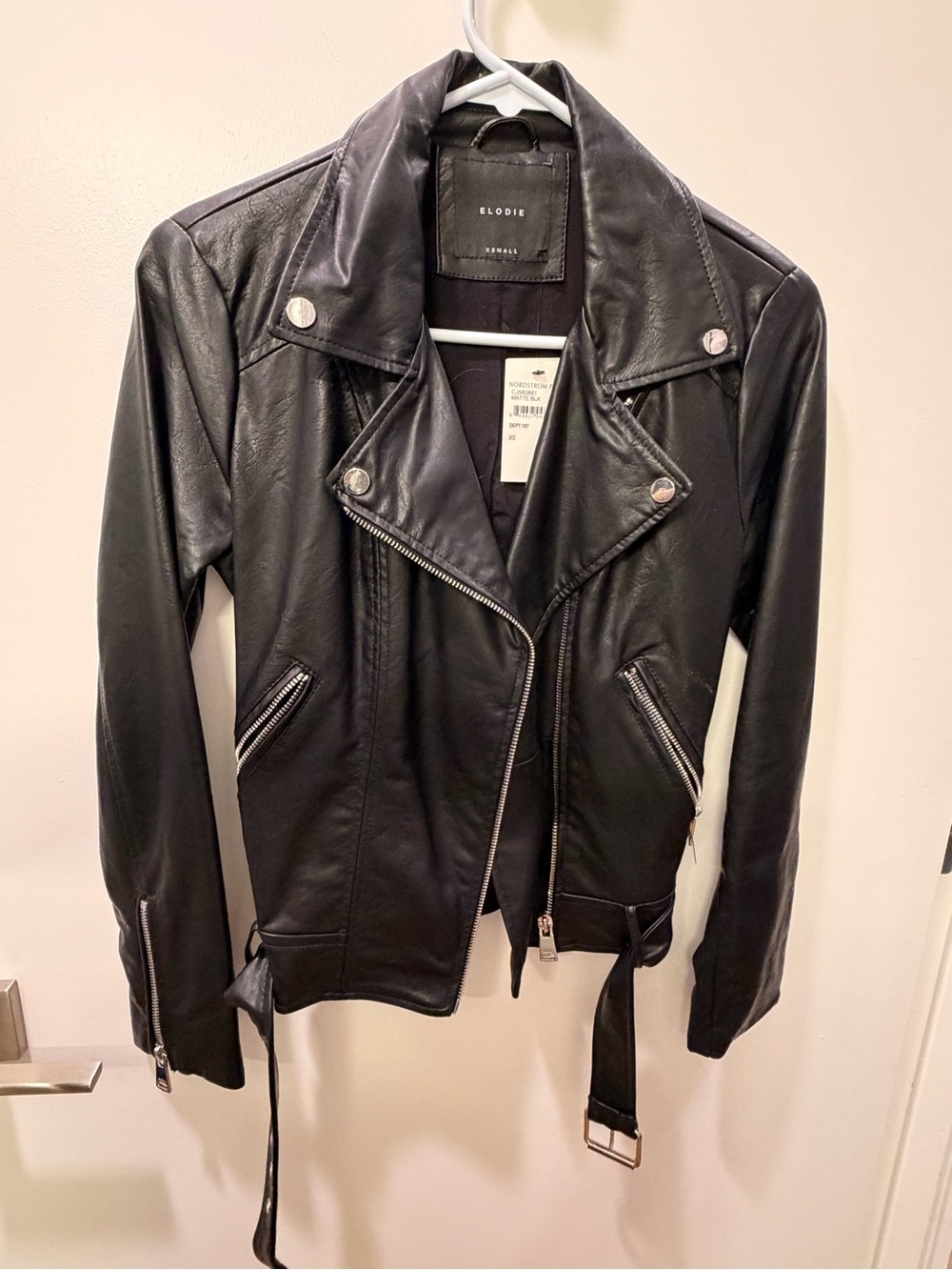 Elodie Black Faux Leather Moto Jacket with Belted Hem